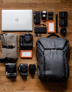 a variety of electronics and bags to represent consumer durables